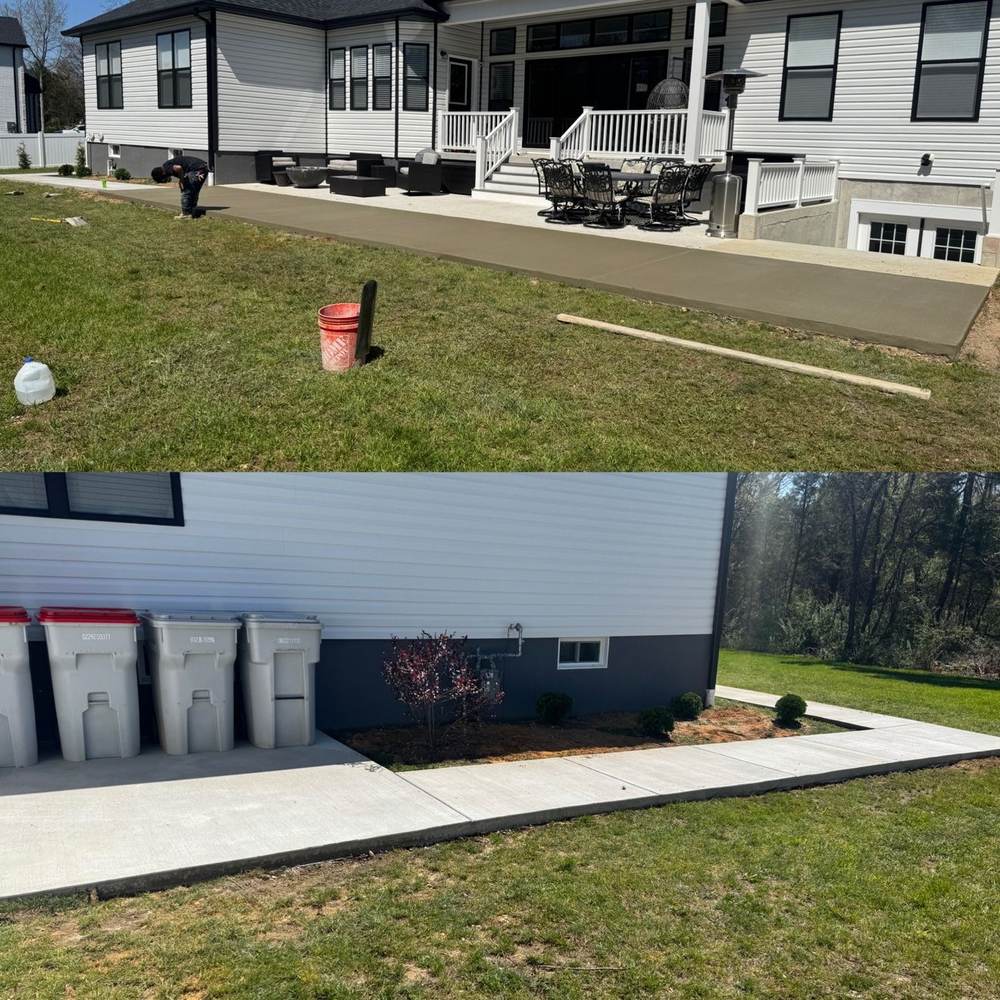 Two-panel job photos: crew member finishing a patio extension and a new concrete walkway beside a house, by South Jersey Construction Enterprise