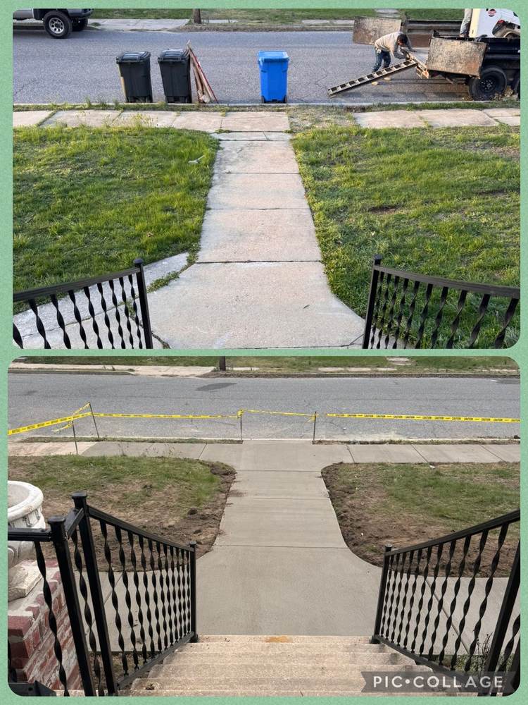 Before-and-after walkway replacement: old cracked walkway next to the new concrete walkway by South Jersey Construction Enterprise